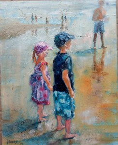 Sur la plage Noah et Flore. Huile sur toile